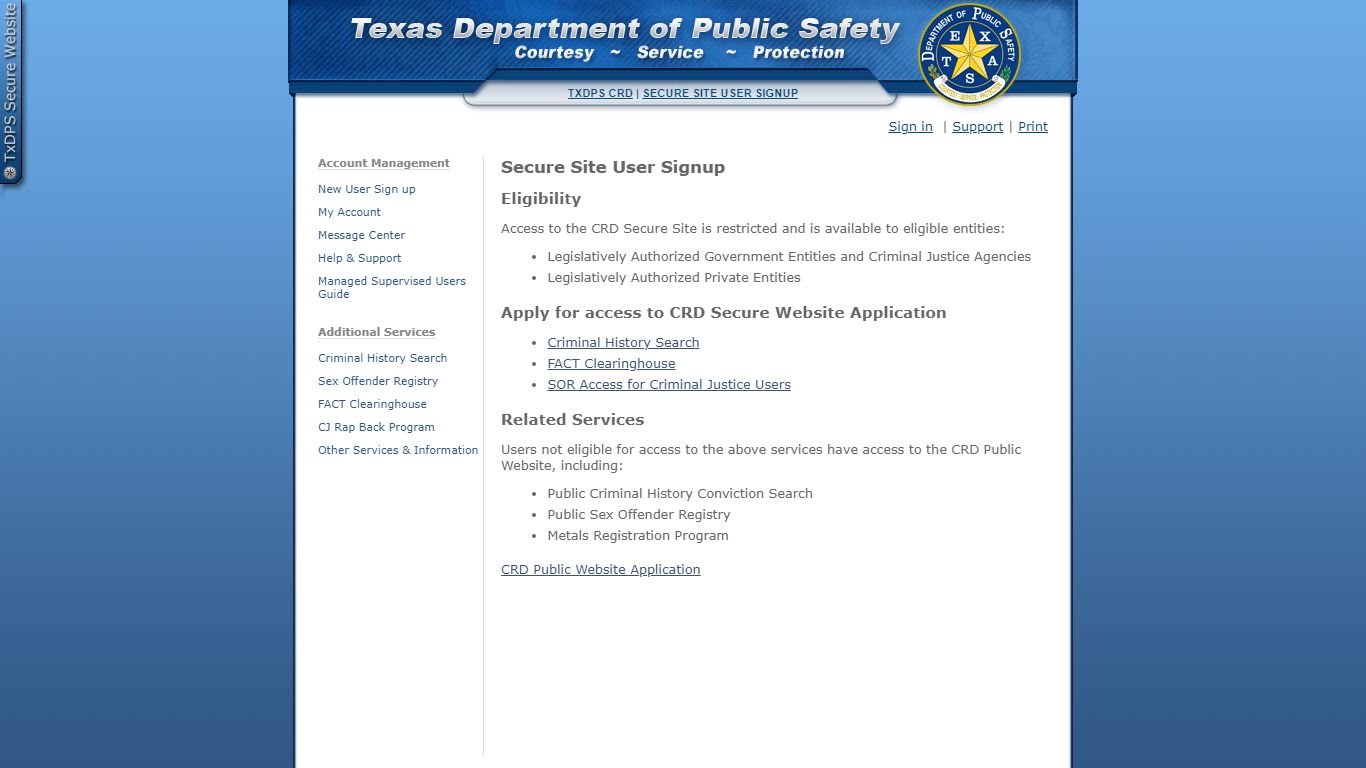 Secure Site User Signup | TxDPS Crime Records Division